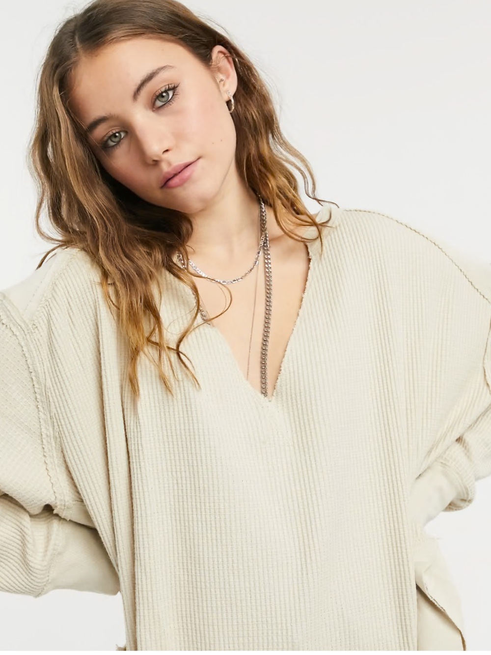 We the free “Owen” cream/tan thermal oversized v neck Henley